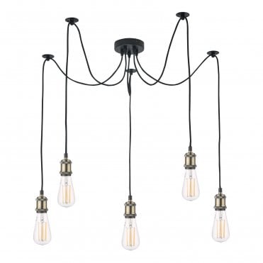 Harrop 5 Light Pendant Antique Brass Matt Black