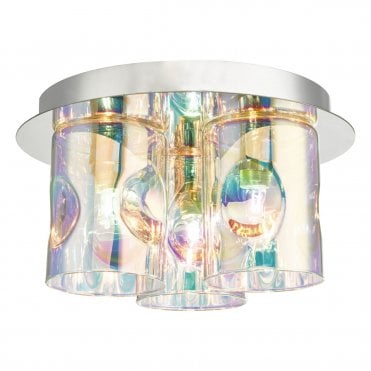 Lowes 3 Light Flush Pol Chrome & Iridised Glass